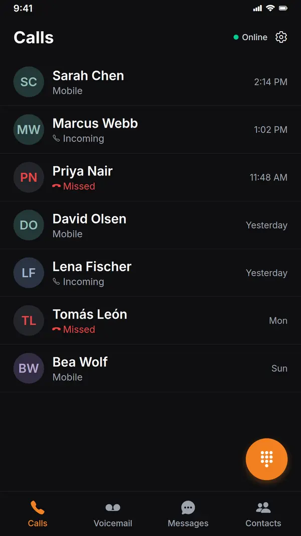 Recent calls list in the UnlimCall app